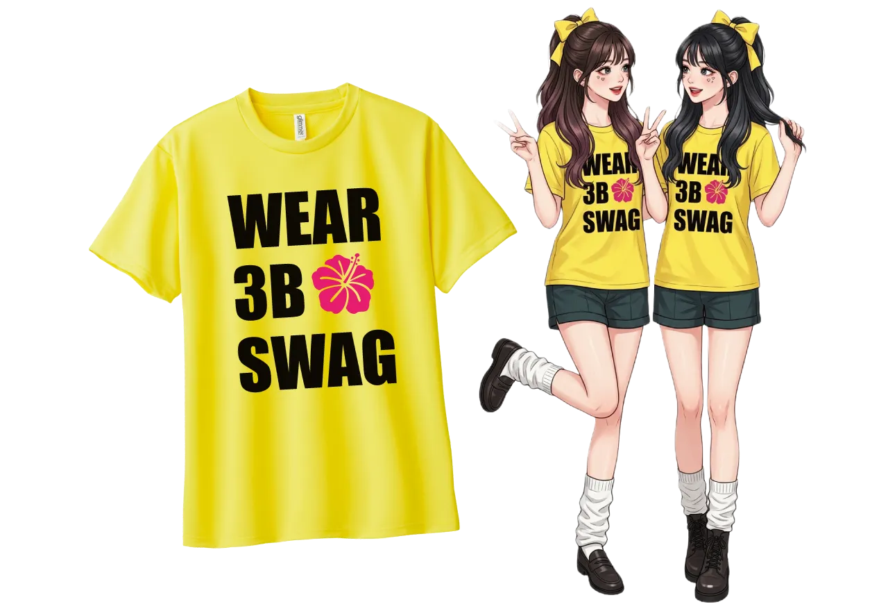 黄色のクラスTシャツを着た学生とサンプルTシャツのイメージ