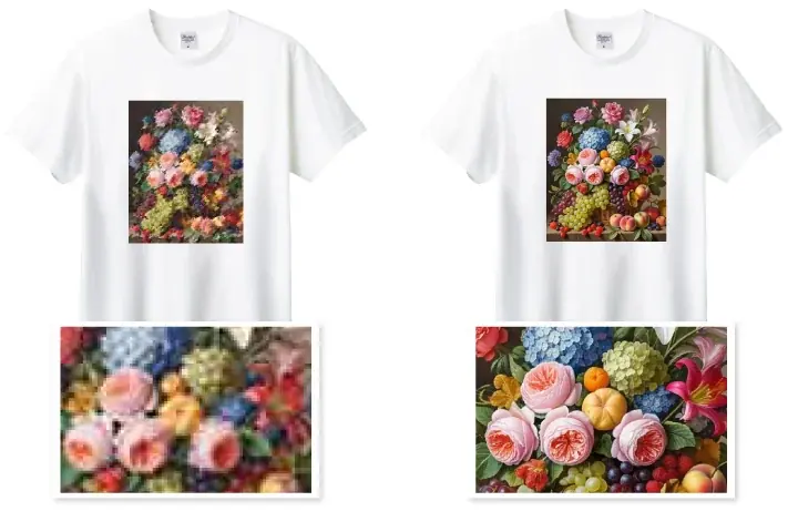 同じ写真をフルカラー転写(DTF)プリントしたTシャツ2枚の比較。左は低解像度の画像を使ったためピクセルが粗く見え、右は高解像度の画像で細部まで鮮明にプリントされている