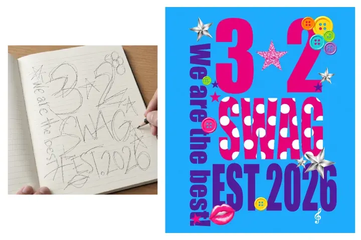 手描きラフとデザイナーが整えたプリント用データの比較。ノートに鉛筆で描いた「3-2 SWAG EST 2026」のラフが、そのままの勢いを残したフルカラーのプリント用デザインに仕上がっている